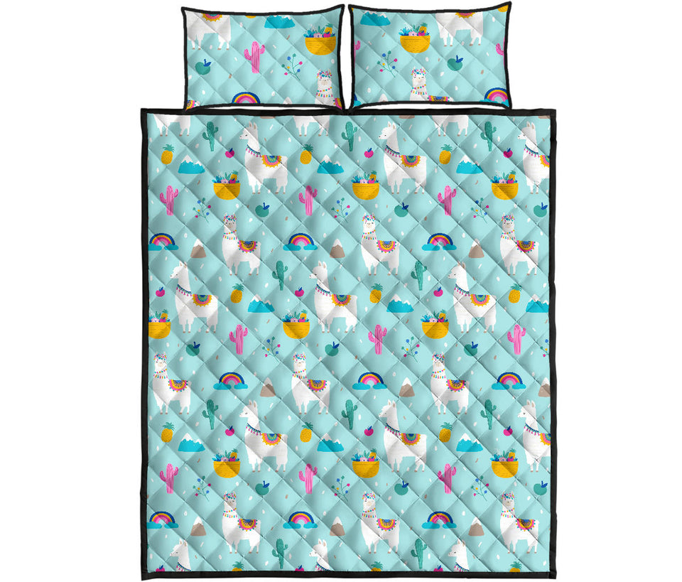 Llama alpaca cactus leaves pattern Quilt Bed Set