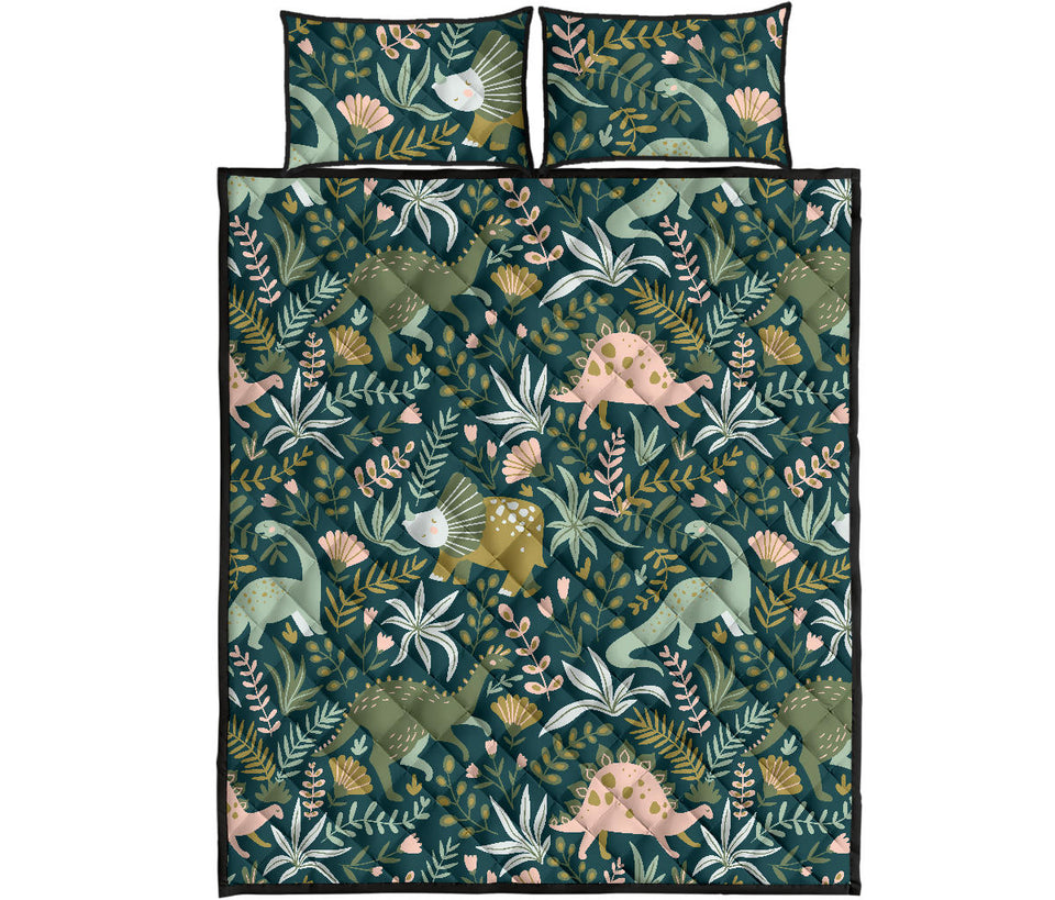 dinosaurs tropical leaves flower pattern Quilt Bed Set