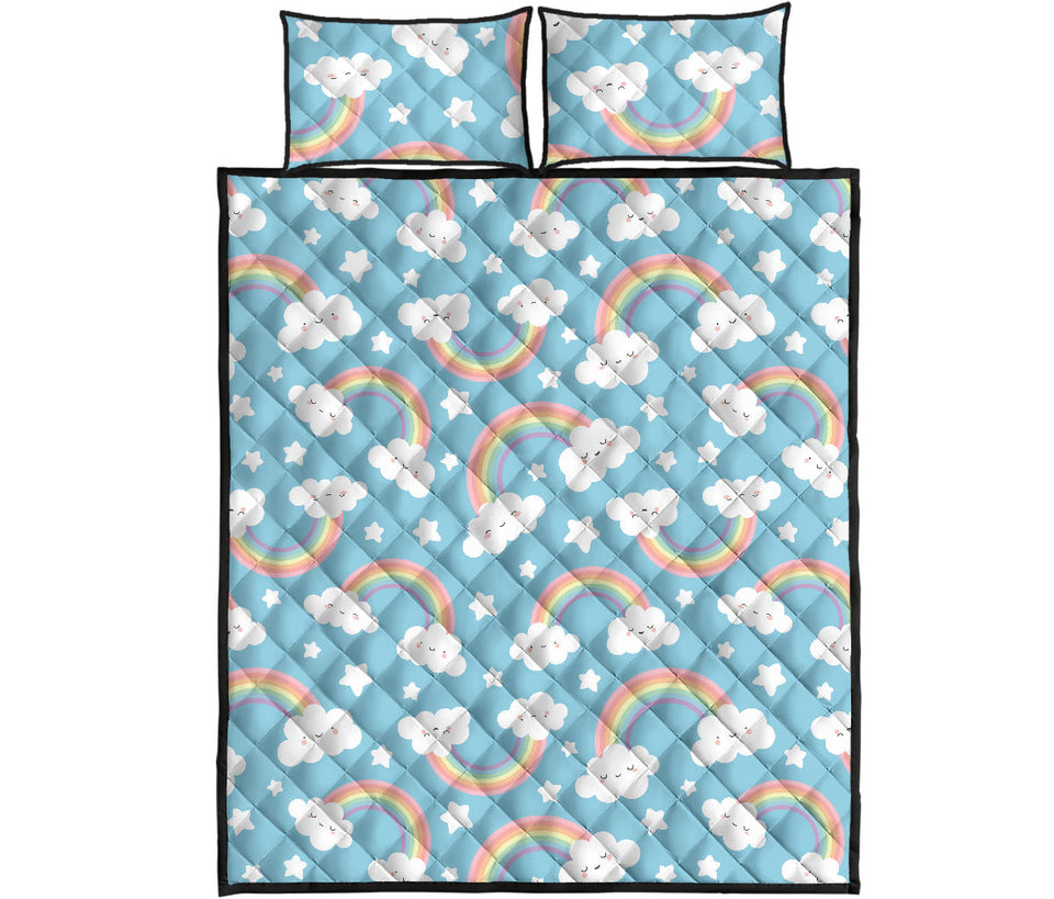Cute rainbow clound star pattern blue background Quilt Bed Set