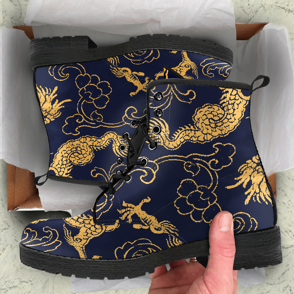 Gold Dragon Pattern Leather Boots