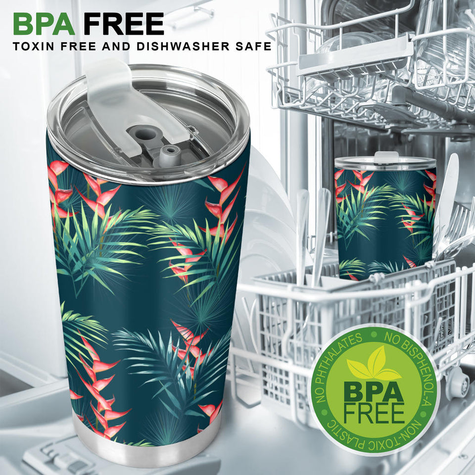 Heliconia Flowers, Palm And Monstera Leaves On Black Background Pattern Tumbler