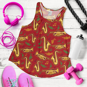 Saxophone cornet pattern red background Women Racerback Tank Top