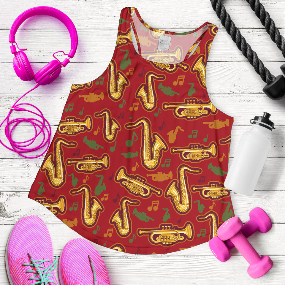 Saxophone cornet pattern red background Women Racerback Tank Top