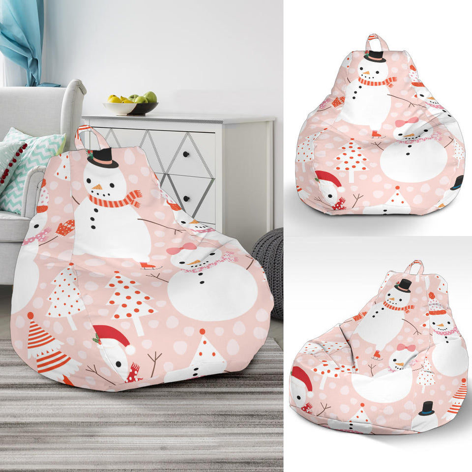 Cute Snowman Christmas Tree Snowpink Background Bean Bag Cover