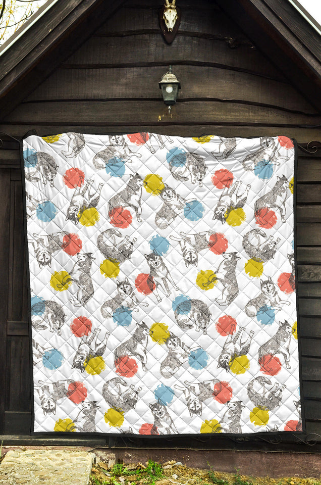 Siberian Husky And Colorful Circle Pattern Premium Quilt