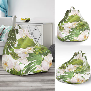 White Orchid Flower Tropical Leaves Pattern Bean Bag Cover