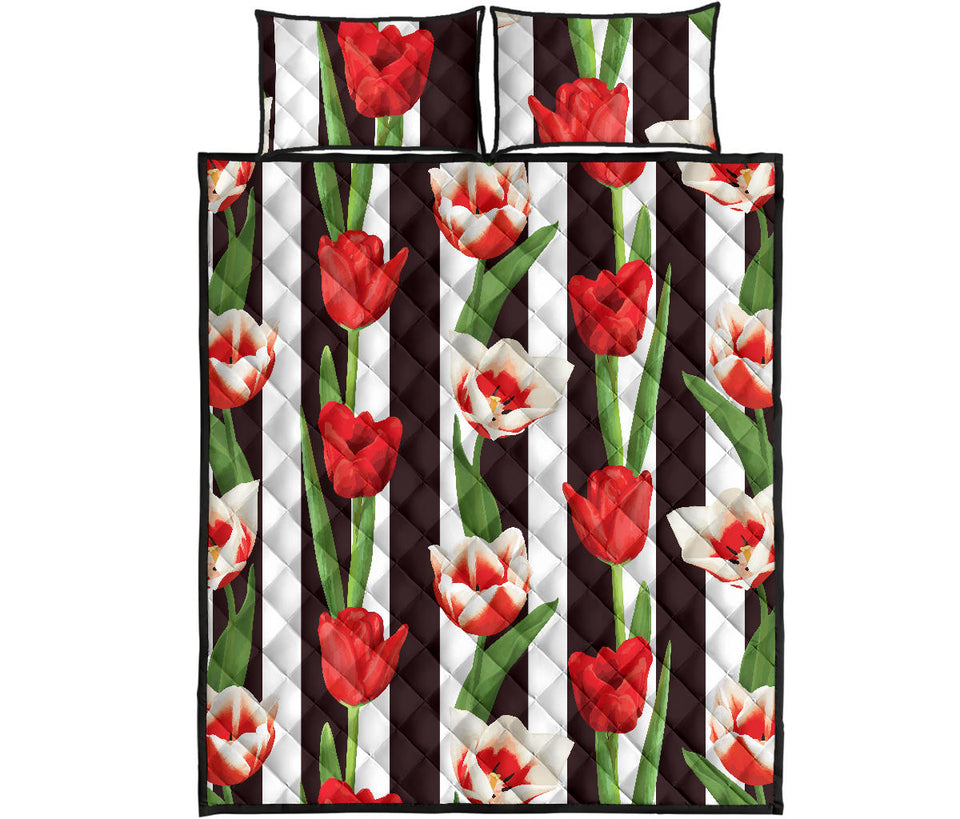 red and white tulips pattern Quilt Bed Set