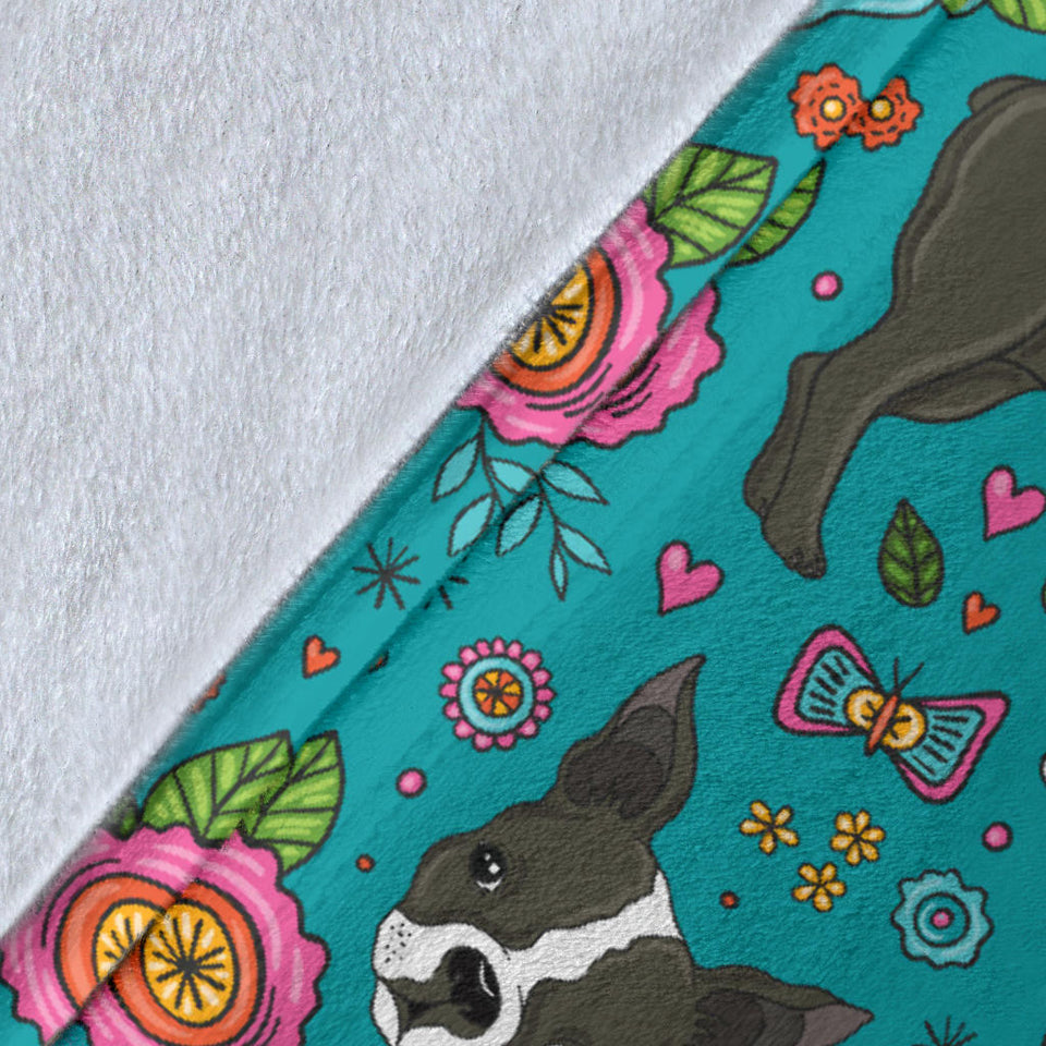 Boston Terrier Beautiful Flower Pattern Premium Blanket
