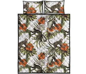 Monkey red hibiscus flower palm leaves floral pattern Quilt Bed Set