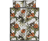 Monkey red hibiscus flower palm leaves floral pattern Quilt Bed Set