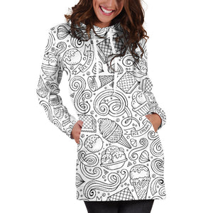 Cartoon Hand Drawn Ice Cream Black White Women'S Hoodie Dress