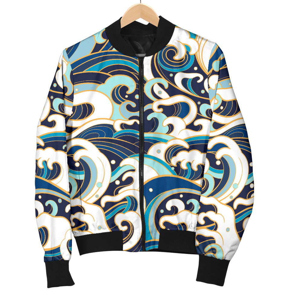 Japanese Wave Pattern Women'S Bomber Jacket