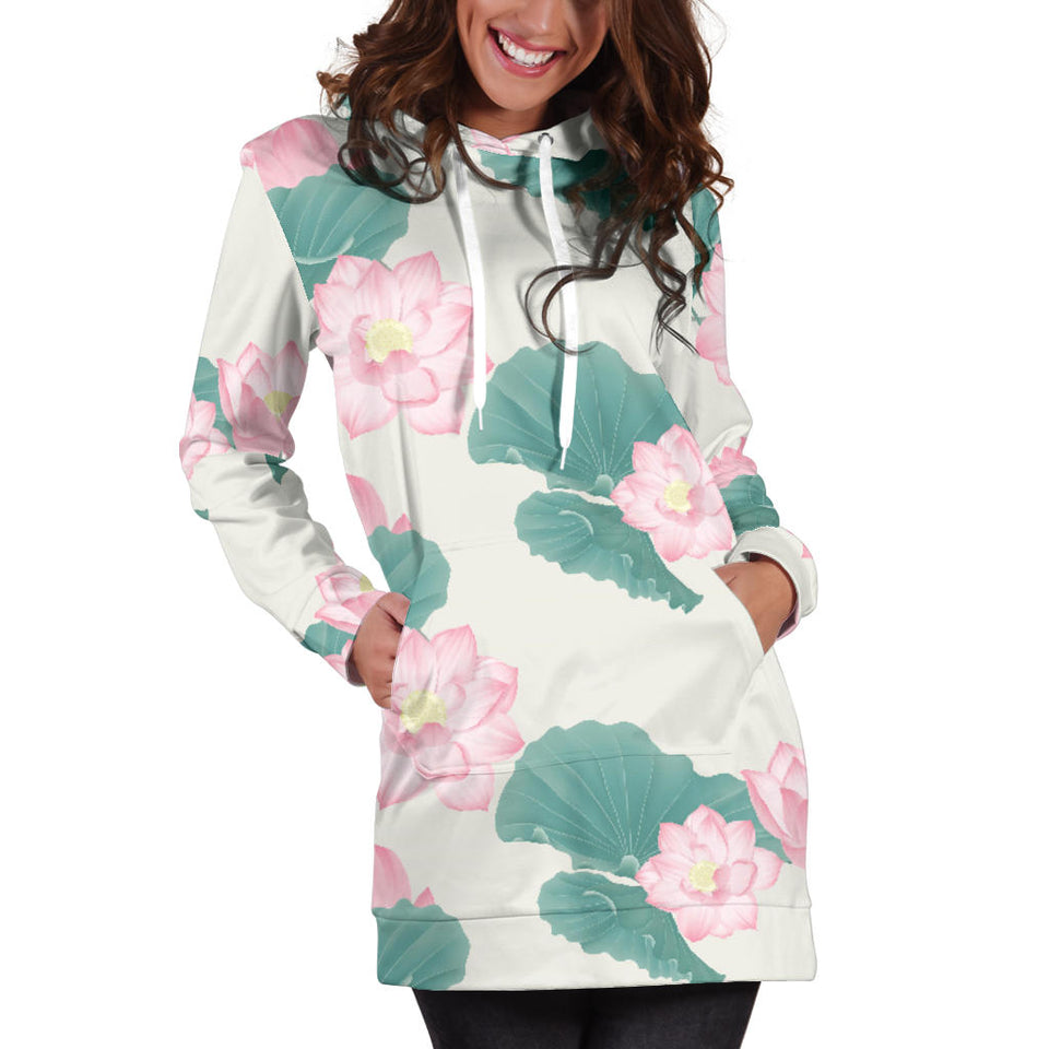 Pink Lotus Waterlily Leaves Pattern Women'S Hoodie Dress