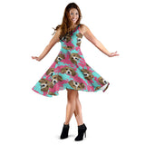 Beagle Muzzles Turquoise Paint Splashes Pink Pattern Sleeveless Midi Dress