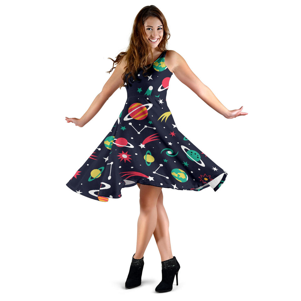 Colorful Space Pattern Planet Star Sleeveless Midi Dress