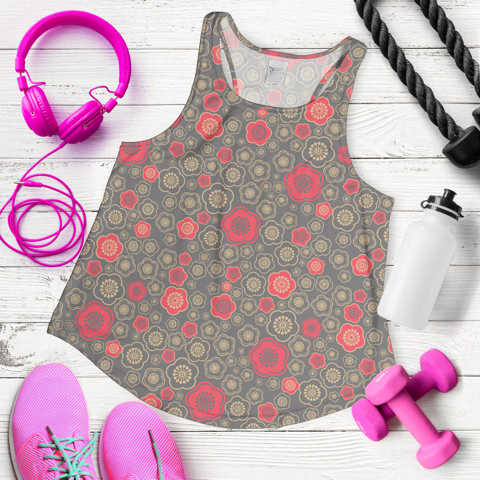 Red gold Sakura cherry blossom gray background Women Racerback Tank Top