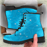 Airplane Destinations Blue Background Leather Boots