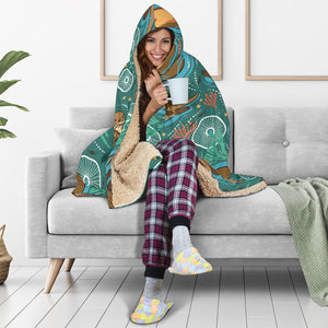 Cute Brown Sea Otters Ornamental Seaweed Corals Green Water Hooded Blanket