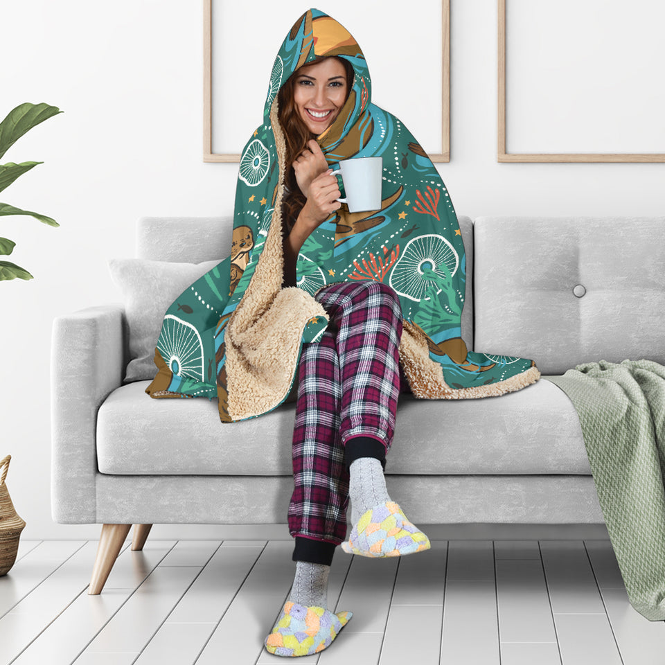 Cute Brown Sea Otters Ornamental Seaweed Corals Green Water Hooded Blanket