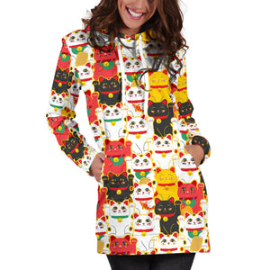 Colorful Maneki Neko Lucky Cat Pattern Women'S Hoodie Dress
