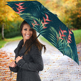 Heliconia Flowers, Palm And Monstera Leaves On Black Background Pattern Umbrella