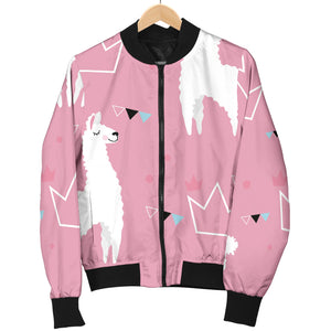 Llama Alpaca Pink Background Women'S Bomber Jacket