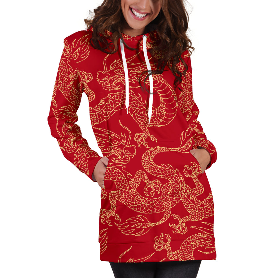 Gold Dragons Red Background Women'S Hoodie Dress