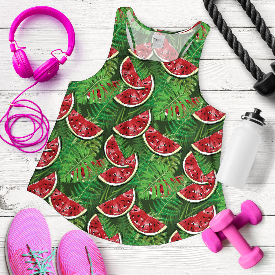 Watermelons tropical palm leaves pattern background Women Racerback Tank Top