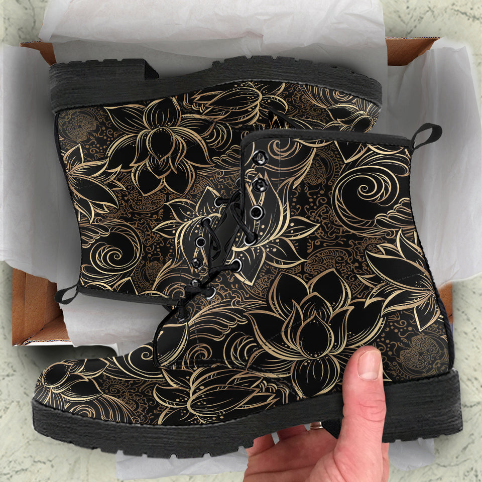 Luxurious Gold Lotus Waterlily Black Background Leather Boots