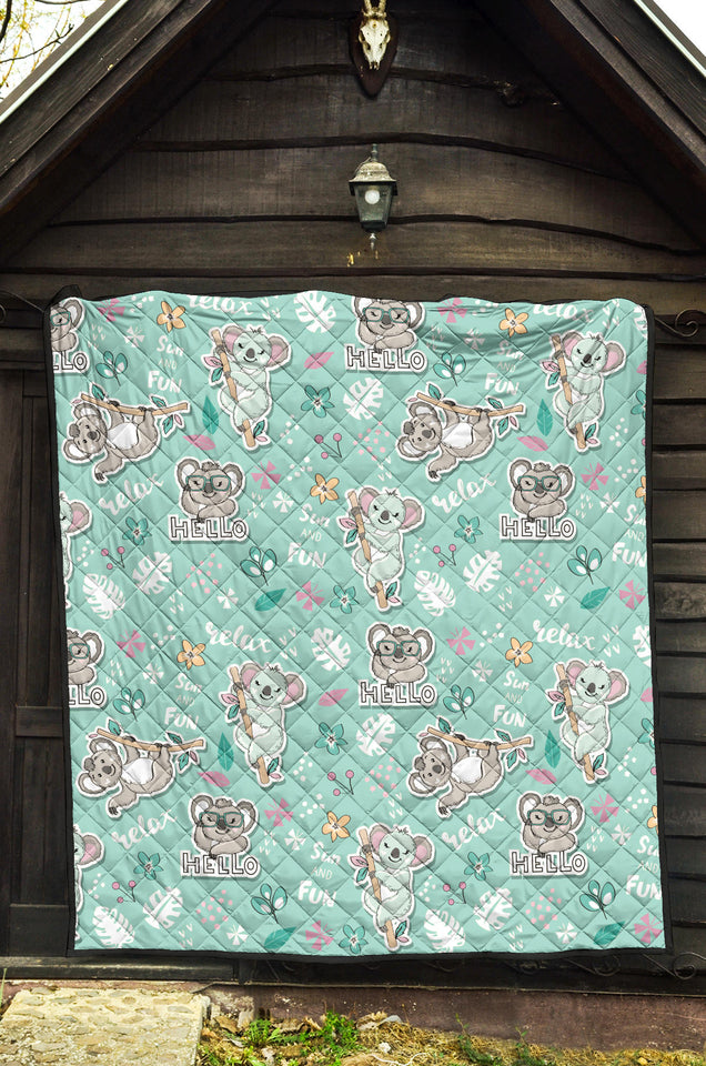 Cute Koalas Blue Background Pattern Premium Quilt