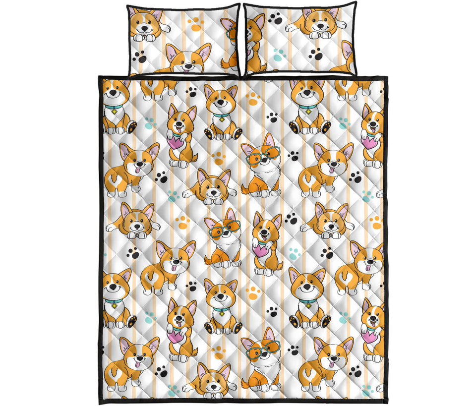 Cute dog corgi striped background pattern Quilt Bed Set