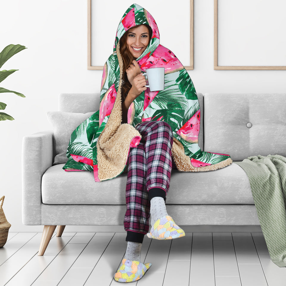 Watermelons Tropical Palm Leaves Pattern Hooded Blanket