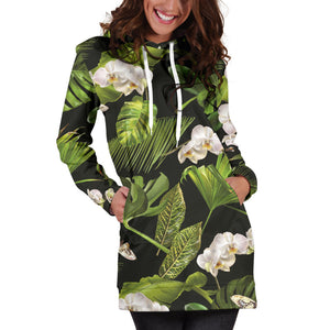 White Orchid Flower Tropical Leaves Pattern Blackground Women'S Hoodie Dress