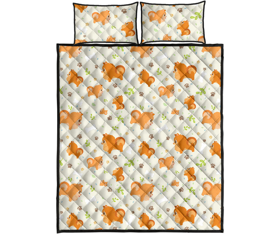 Cute brown pomeranian paw leave bone pattern Quilt Bed Set