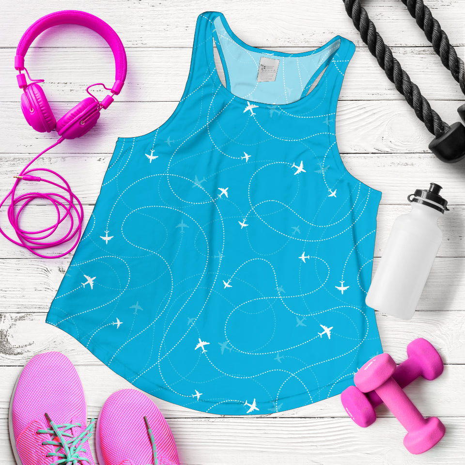 Airplane destinations blue background Women Racerback Tank Top