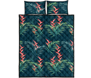 heliconia flowers, palm and monstera leaves on black background pattern Quilt Bed Set