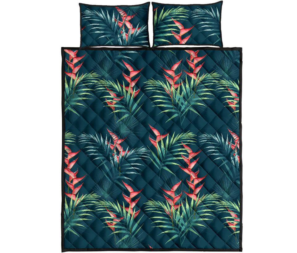 heliconia flowers, palm and monstera leaves on black background pattern Quilt Bed Set
