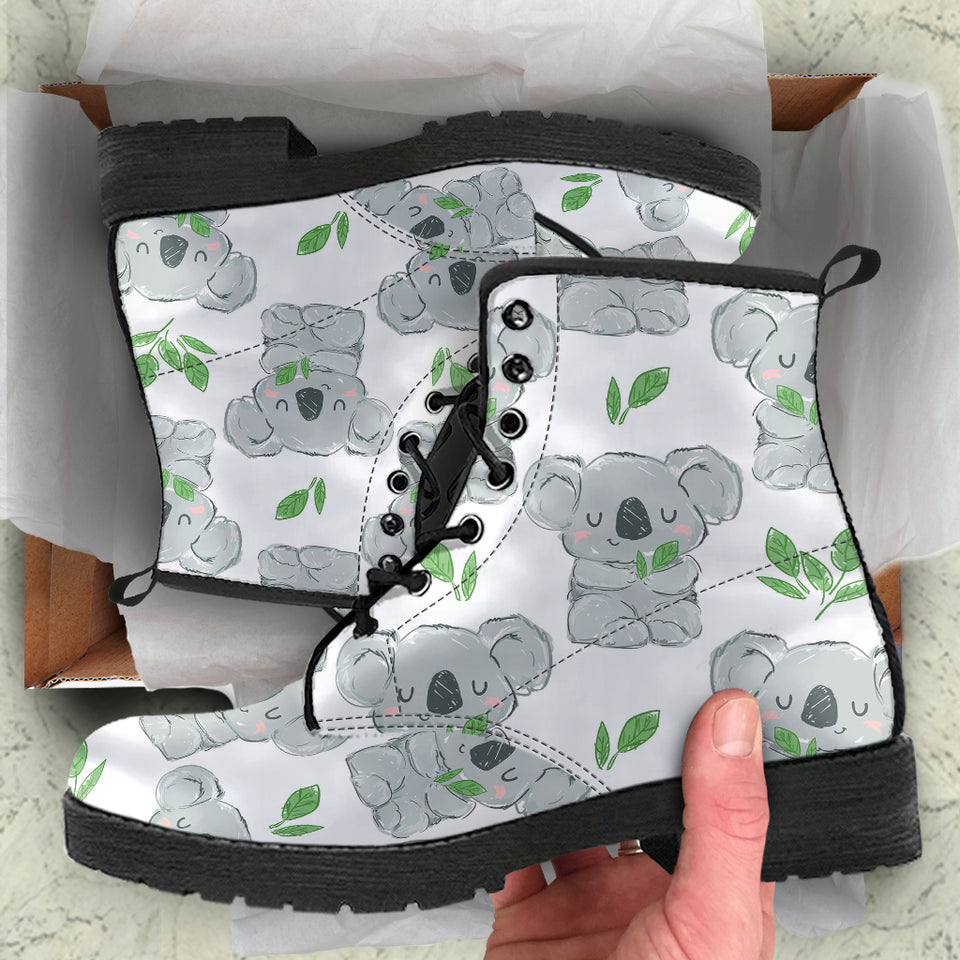 Hand Drawn Koala Leaves Pattern Leather Boots