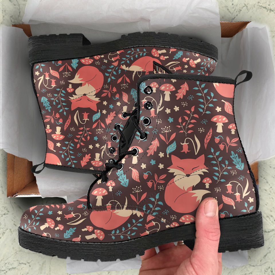Fox Leaves Mushroom Pattern Leather Boots