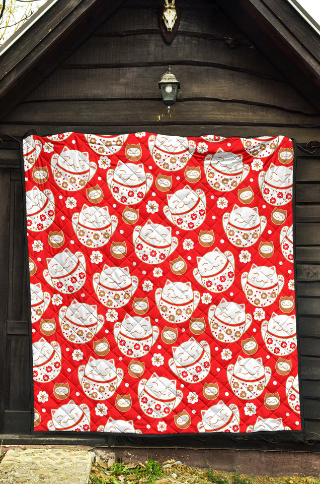 Cute Maneki Neko Lucky Cat Red Background Premium Quilt