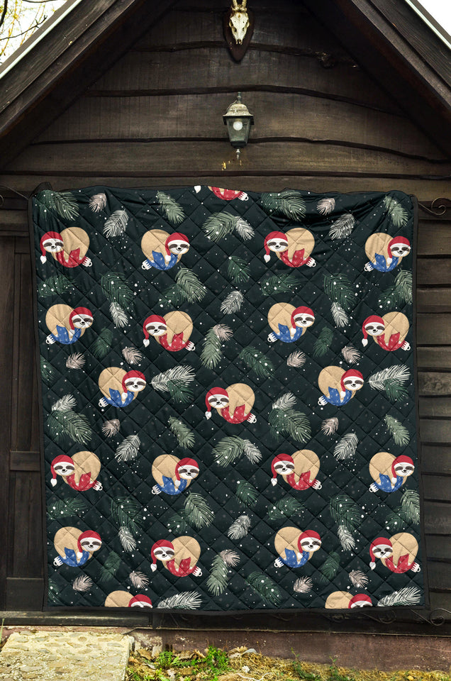 Cute Sloths Sleeping Christmas Ball Santa Hat Pattern Premium Quilt