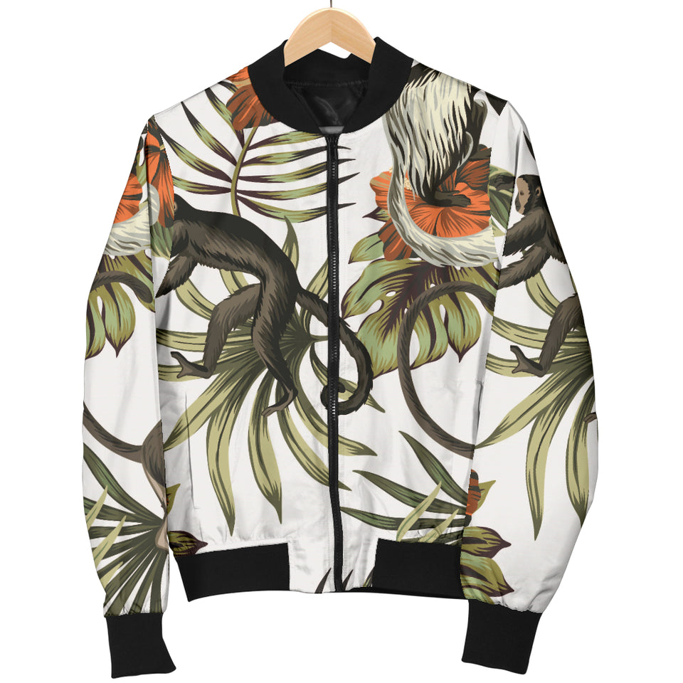 Monkey Red Hibiscus Flower Palm Leaves Floral Pattern Women'S Bomber Jacket