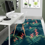 Heliconia Flowers, Palm And Monstera Leaves On Black Background Pattern Area Rug