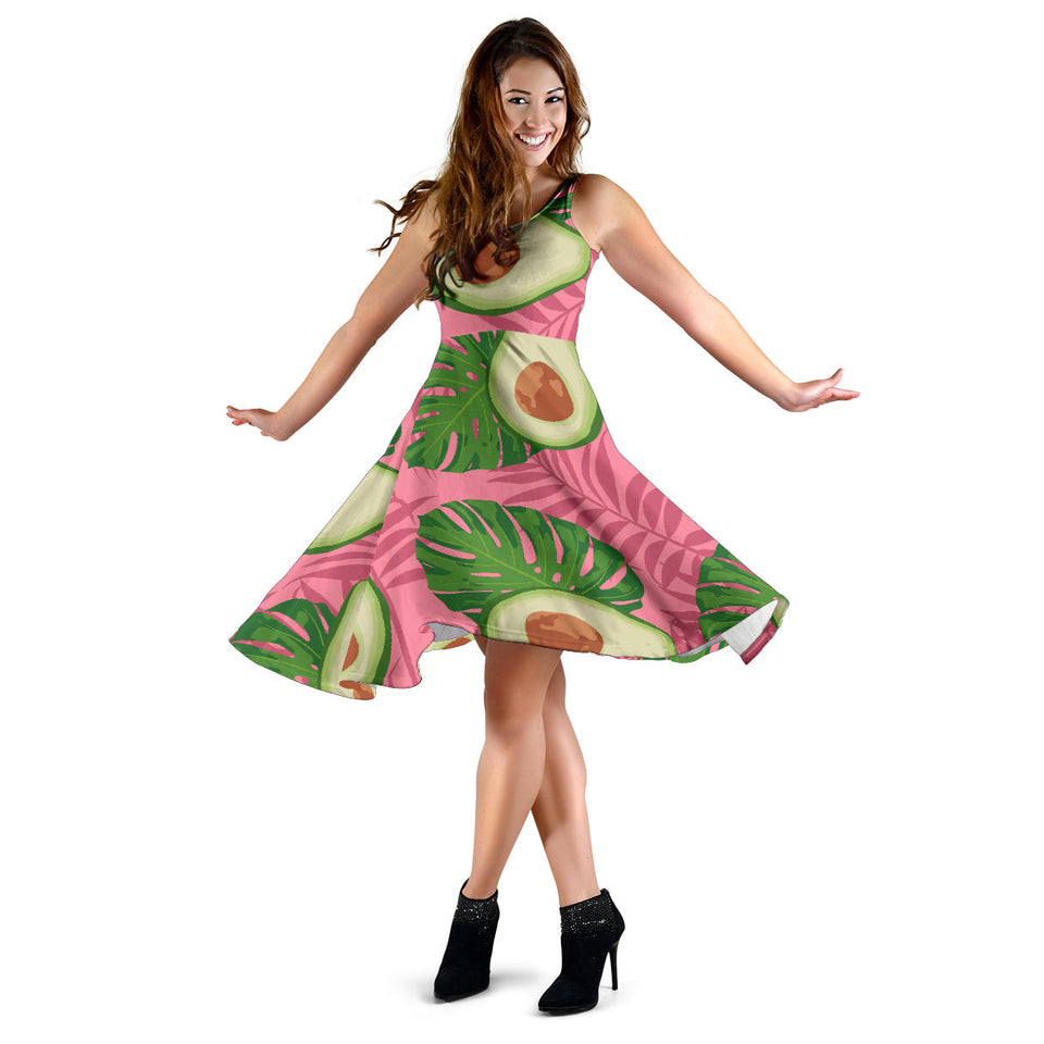 Avocado Slices Leaves Pink Back Ground Sleeveless Midi Dress