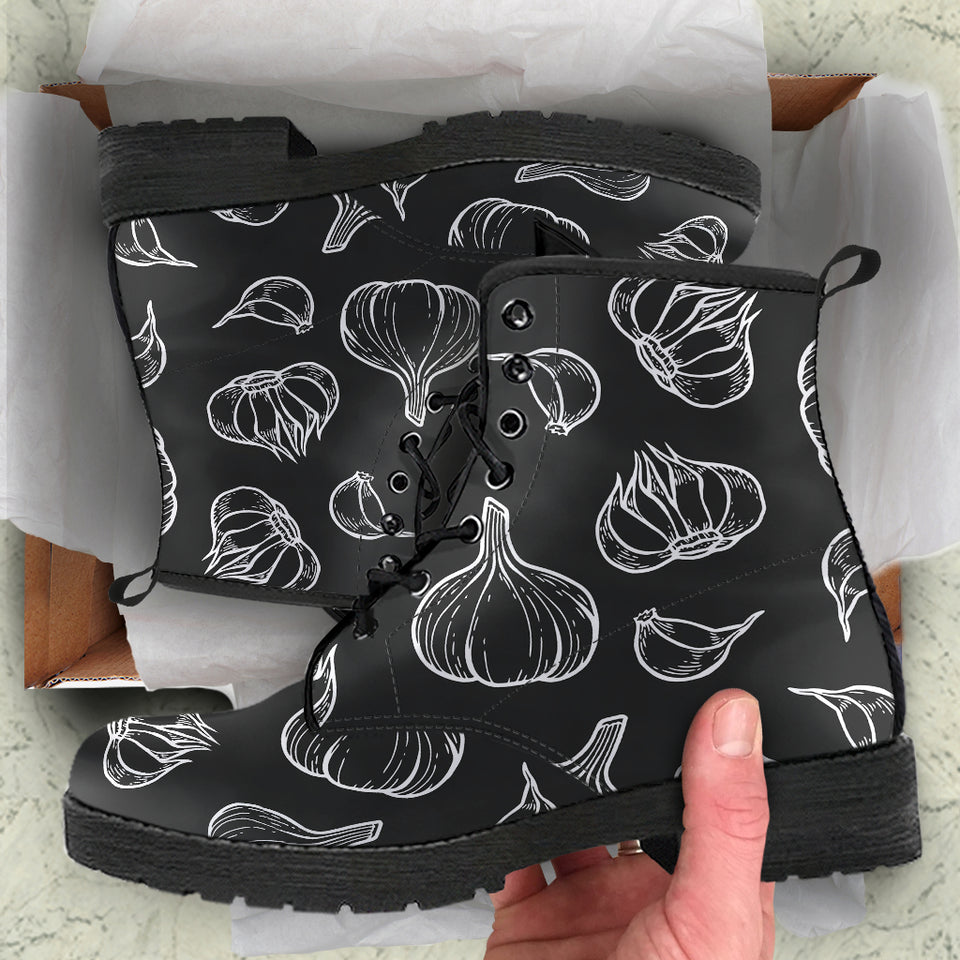 Garlic Pattern Black Background Leather Boots
