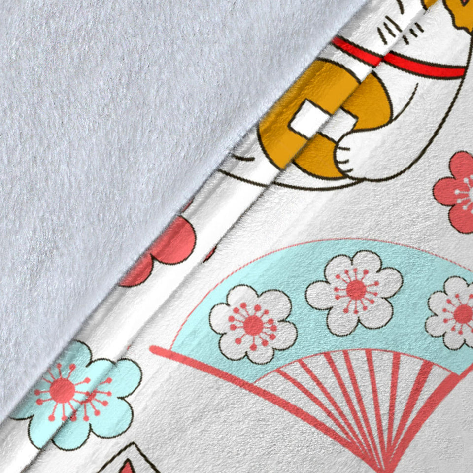 Maneki Neko Lucky Cat Fan Sakura Premium Blanket