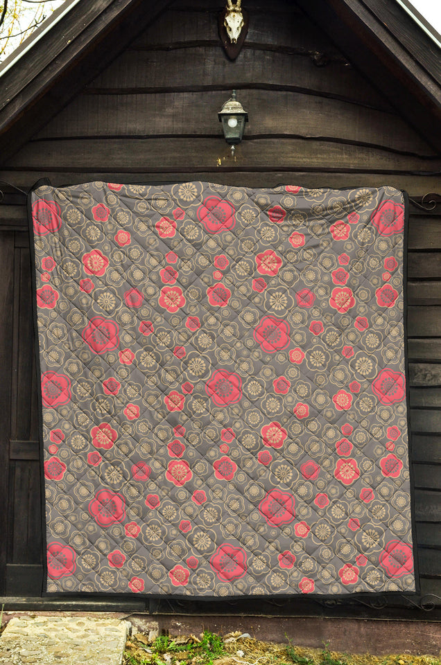 Red Gold Sakura Cherry Blossom Gray Background Premium Quilt