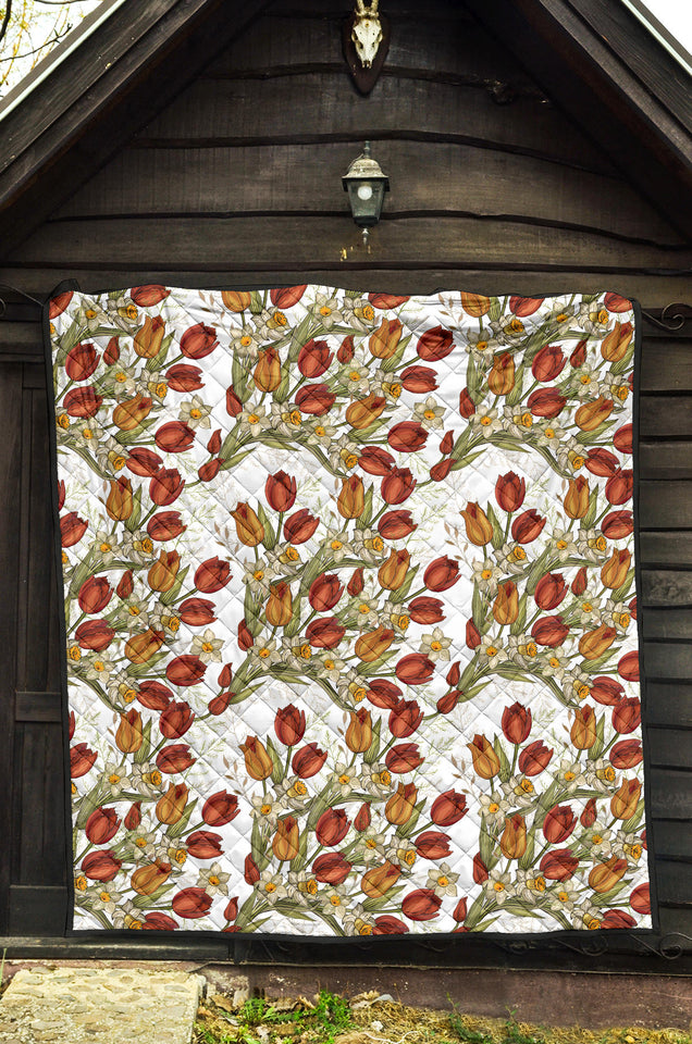 Red Tulips And Daffodils Pattern Premium Quilt