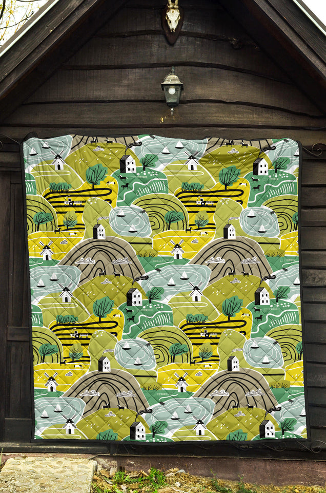 Hand Drawn Windmill Pattern Premium Quilt