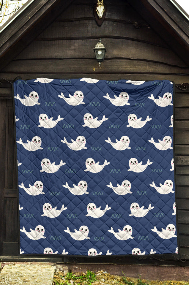 Cute White Baby Sea Lion Seal Pattern Premium Quilt